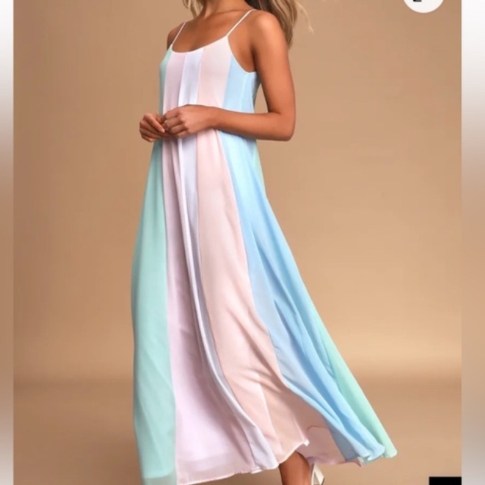 Lulus Days to Remember Light Blue Multi Striped Maxi Dress Size Small